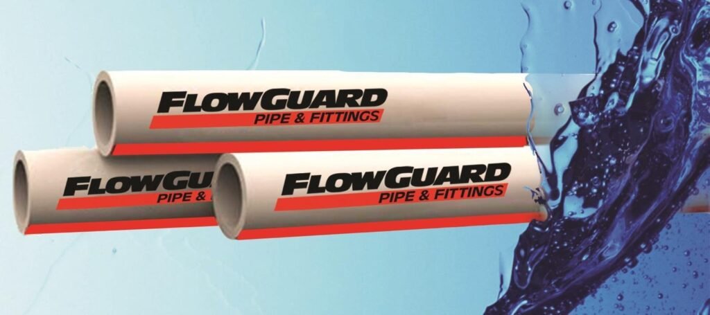 FlowGuard CPVC pipes, one larger and one smaller, with 'FLOWGUARD PIPE & FITTINGS' branding in red and black text, against a blue background with water splashes, emphasizing plumbing solutions.