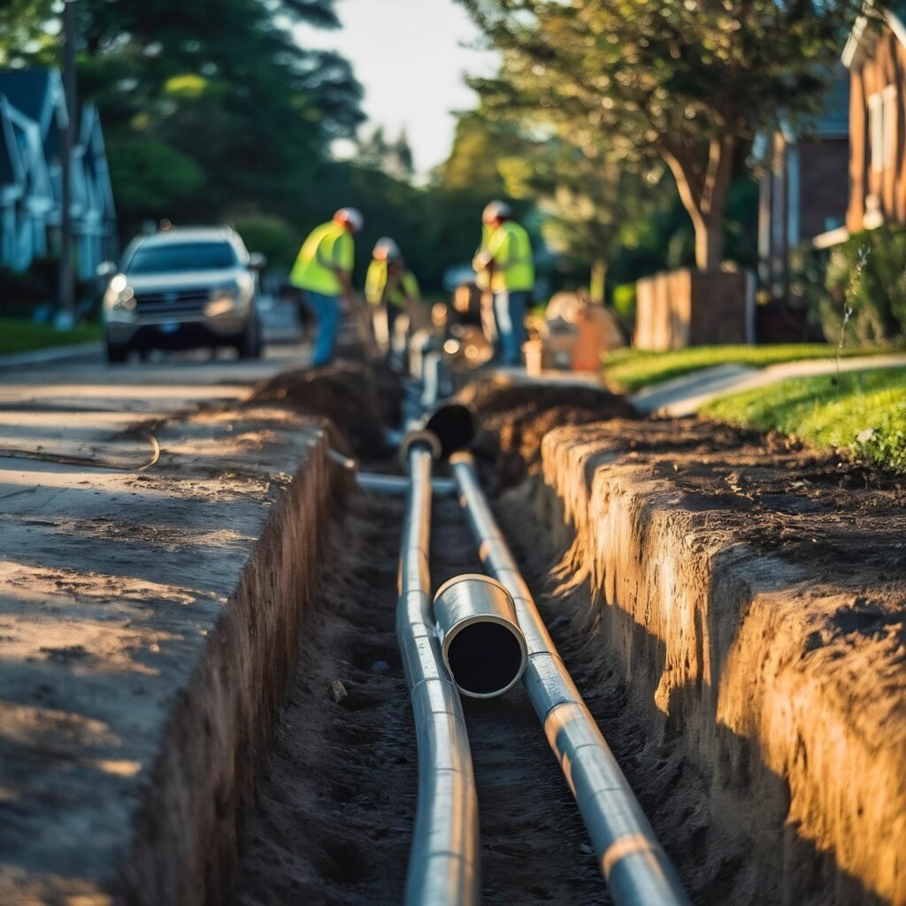 Construction workers in safety vests installing pipes in a trench along a residential street at sunset, representing infrastructure for clean water systems.