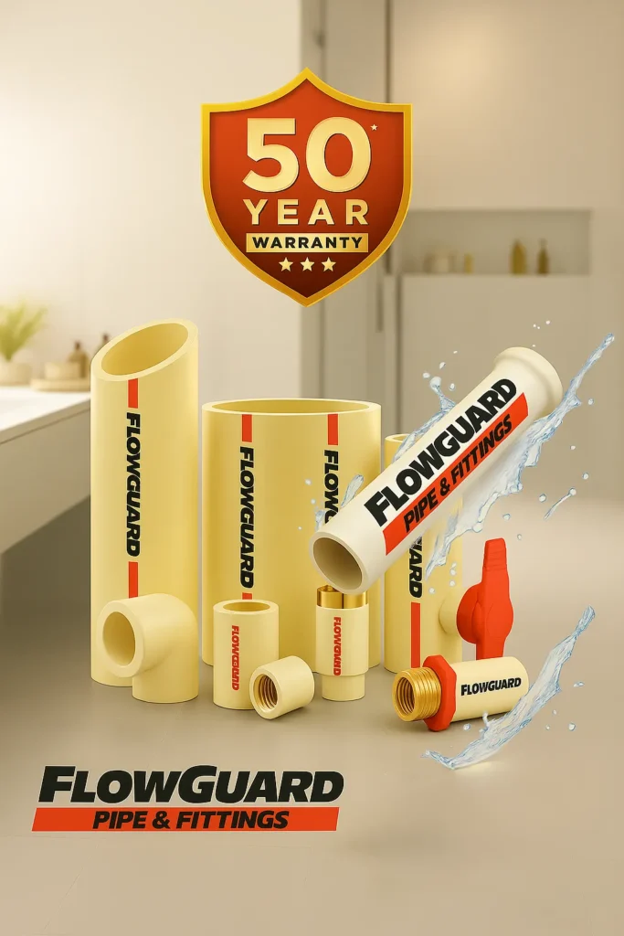 A display of FlowGuard pipes and fittings in various sizes and shapes, with a prominent '50 Year Warranty' shield above them, signifying durable, long-lasting plumbing systems.
